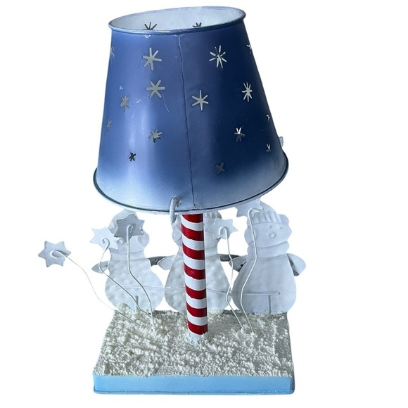 Vintage Tea Light Lamp Snowmen Caroling Pierced Metal Blue Shade Large 12 Inch - Picture 6 of 16